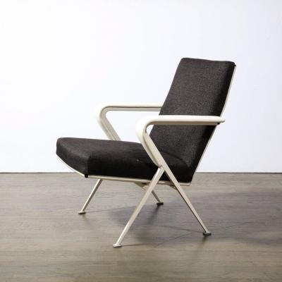 Pair of Repose Chairs in White Leather Enameled Steel Charcoal Upholstery