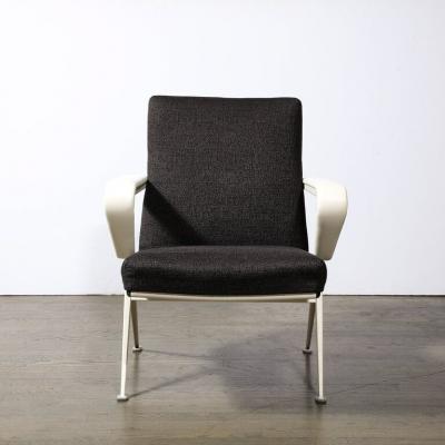 Pair of Repose Chairs in White Leather Enameled Steel Charcoal Upholstery