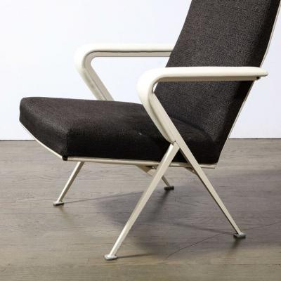 Pair of Repose Chairs in White Leather Enameled Steel Charcoal Upholstery