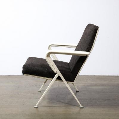 Pair of Repose Chairs in White Leather Enameled Steel Charcoal Upholstery