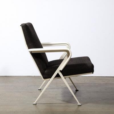 Pair of Repose Chairs in White Leather Enameled Steel Charcoal Upholstery