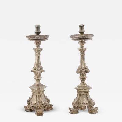 Pair of Rococo Period 18th Century Italian Painted and Carved Candlesticks