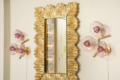 Pair of Rose Pink Murano Flower Floral Glass and Brass Sconces Italy