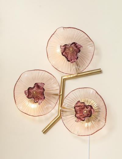 Pair of Rose Pink Murano Flower Floral Glass and Brass Sconces Italy