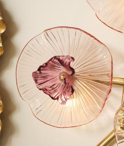 Pair of Rose Pink Murano Flower Floral Glass and Brass Sconces Italy