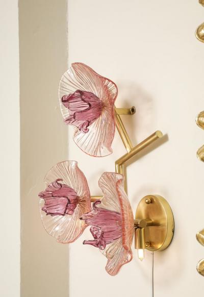 Pair of Rose Pink Murano Flower Floral Glass and Brass Sconces Italy