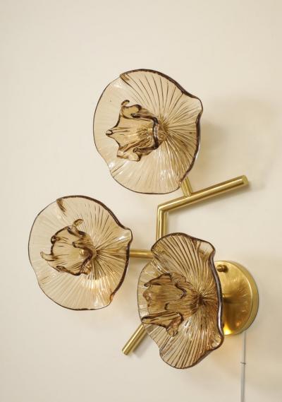 Pair of Rose Pink Murano Flower Floral Glass and Brass Sconces Italy