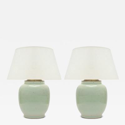 Pair of Round Ceramic Celadon Lamps