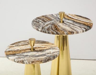 Pair of Round Fantasy Brown Onyx Marble and Brass Side or Martini Tables Italy