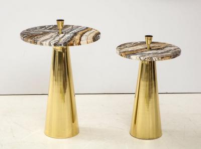 Pair of Round Fantasy Brown Onyx Marble and Brass Side or Martini Tables Italy