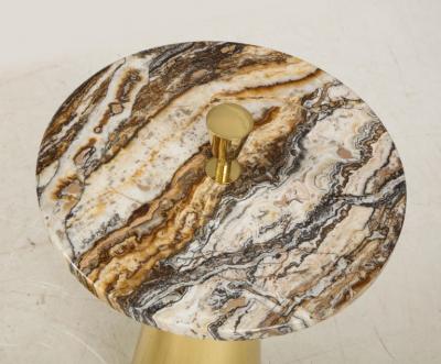 Pair of Round Fantasy Brown Onyx Marble and Brass Side or Martini Tables Italy