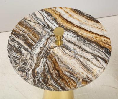 Pair of Round Fantasy Brown Onyx Marble and Brass Side or Martini Tables Italy