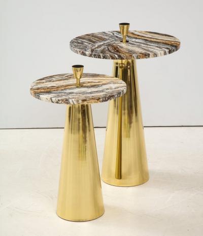 Pair of Round Fantasy Brown Onyx Marble and Brass Side or Martini Tables Italy