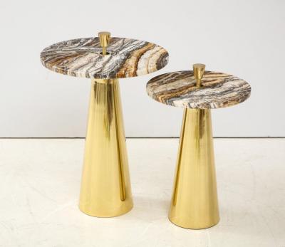 Pair of Round Fantasy Brown Onyx Marble and Brass Side or Martini Tables Italy