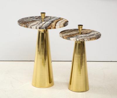 Pair of Round Fantasy Brown Onyx Marble and Brass Side or Martini Tables Italy