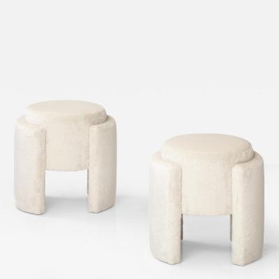 Pair of Round Sculptural Poufs or Stools in Ivory High Pile Velvet Italy 2024