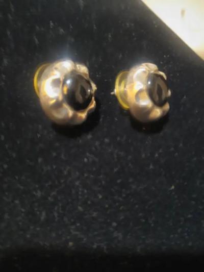 Pair of Round Sterling Silver and Onyx Earrings