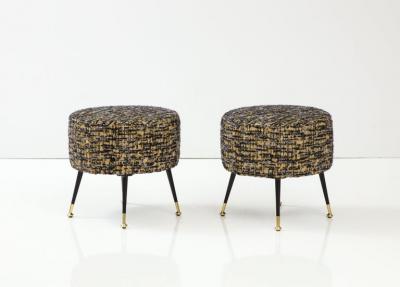 Pair of Round Stools or Poufs in Black Boucle with Black and Brass Legs Italy