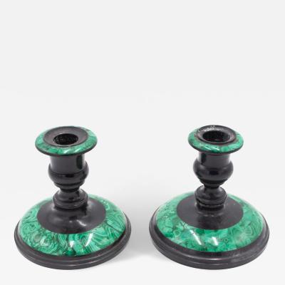 Pair of Russian Black Marble and Malachite Candleholders
