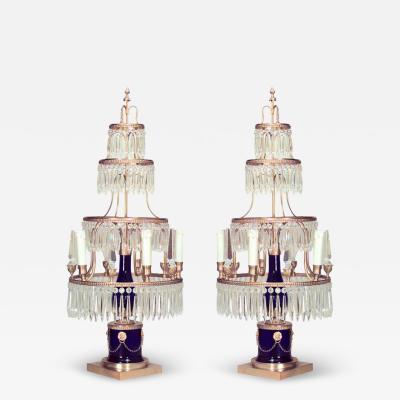 Pair of Russian Neoclassic Ormolu Bronze and Glass Candelabras