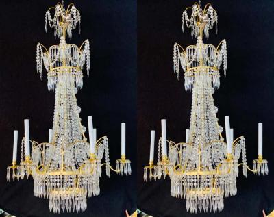 Pair of Russian Neoclassical Style Bronze and Crystal 7 Light Chandeliers