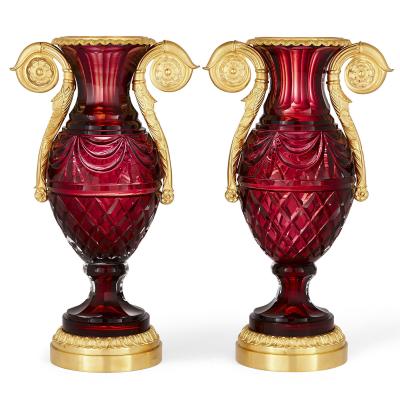 Pair of Russian Neoclassical style cut glass and gilt bronze vases