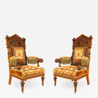 Pair of Russian Oak Carved Arm Chairs