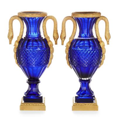 Pair of Russian cut blue glass and gilt bronze vases