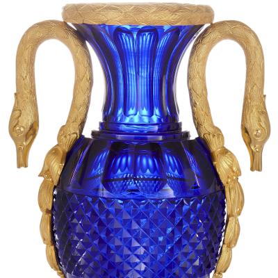 Pair of Russian cut blue glass and gilt bronze vases
