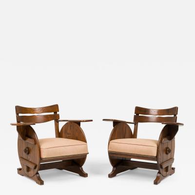 Pair of Rustic Adirondack Beige Upholstered Wood Chairs