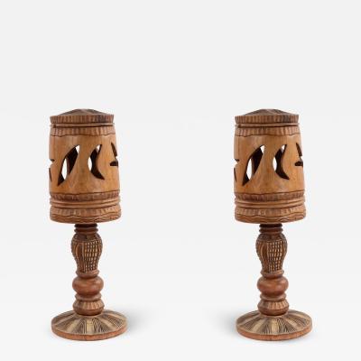 Pair of Rustic Adirondack Style Carved Wooden Table Lamps