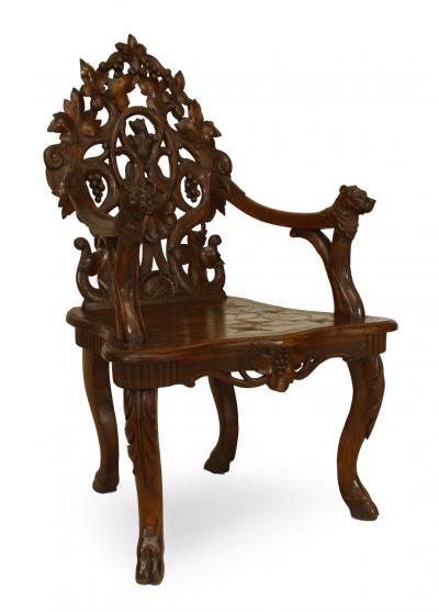 Pair of Rustic Black Forest Carved Walnut Armchairs