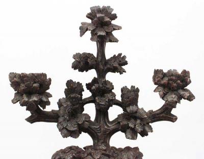 Pair of Rustic Black Forest Carved Walnut Candelabras