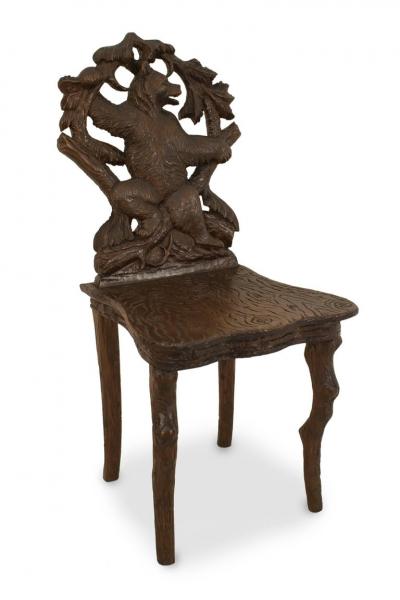 Pair of Rustic Black Forest Walnut Side Chairs One Chair with Music Box