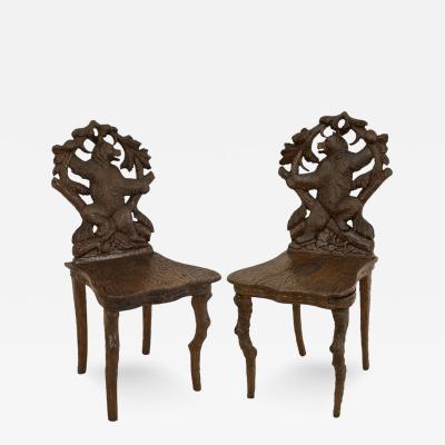 Pair of Rustic Black Forest Walnut Side Chairs One Chair with Music Box