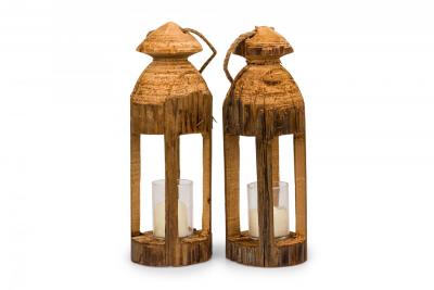Pair of Rustic Carved Wooden Lanterns
