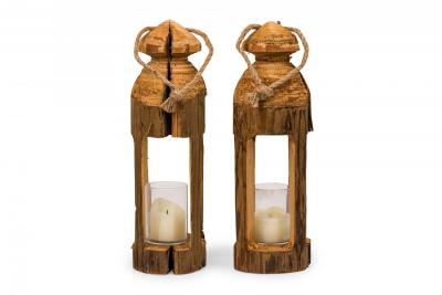 Pair of Rustic Carved Wooden Lanterns