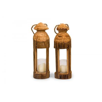 Pair of Rustic Carved Wooden Lanterns