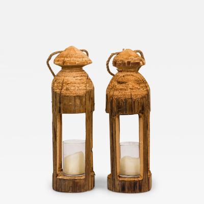 Pair of Rustic Carved Wooden Lanterns