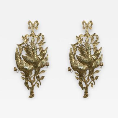 Pair of Rustic Continental German Style Brass Game Bird Wall Sconces