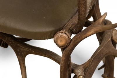 Pair of Rustic Continental Style Dark Olive Green Leather and Faux Antler Armcha