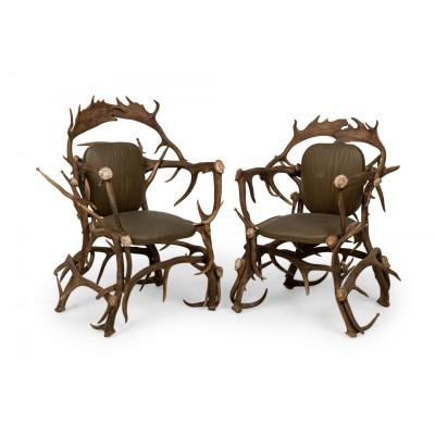 Pair of Rustic Continental Style Dark Olive Green Leather and Faux Antler Armcha