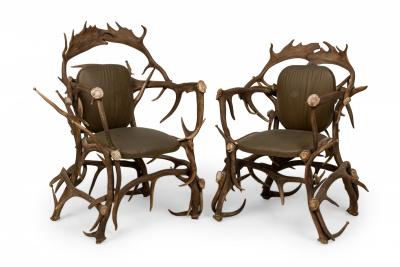 Pair of Rustic Continental Style Olive Green Leather and Faux Antler Armchairs