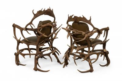 Pair of Rustic Continental Style Olive Green Leather and Faux Antler Armchairs