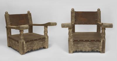 Pair of Rustic Country Style Weathered Oak and Pine Overscale Arm Chairs