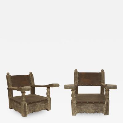 Pair of Rustic Country Style Weathered Oak and Pine Overscale Arm Chairs