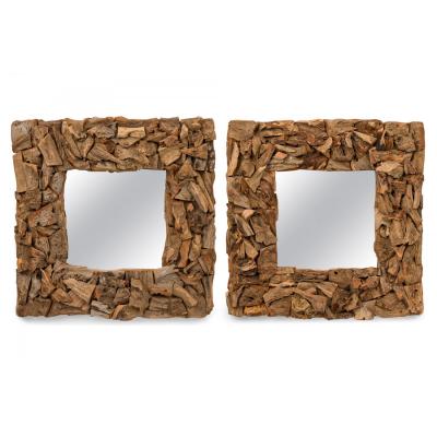 Pair of Rustic Driftwood Framed Square Wall Mirrors