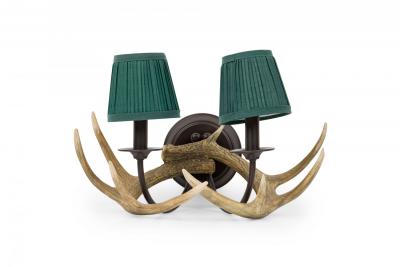 Pair of Rustic Resin Faux Antler Wall Sconces with Small Green Pleated Shades