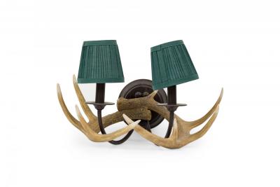Pair of Rustic Resin Faux Antler Wall Sconces with Small Green Pleated Shades