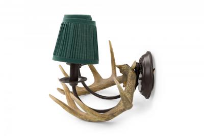 Pair of Rustic Resin Faux Antler Wall Sconces with Small Green Pleated Shades